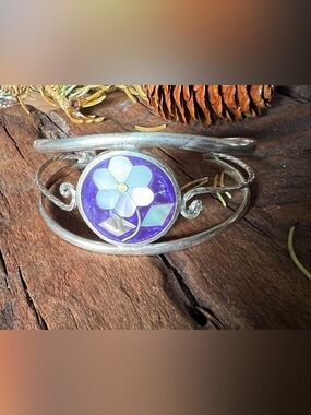 Mexico Alpaca Bracelet Abalone MOP Floral Purple Green Flower Shell Inlay Enamel